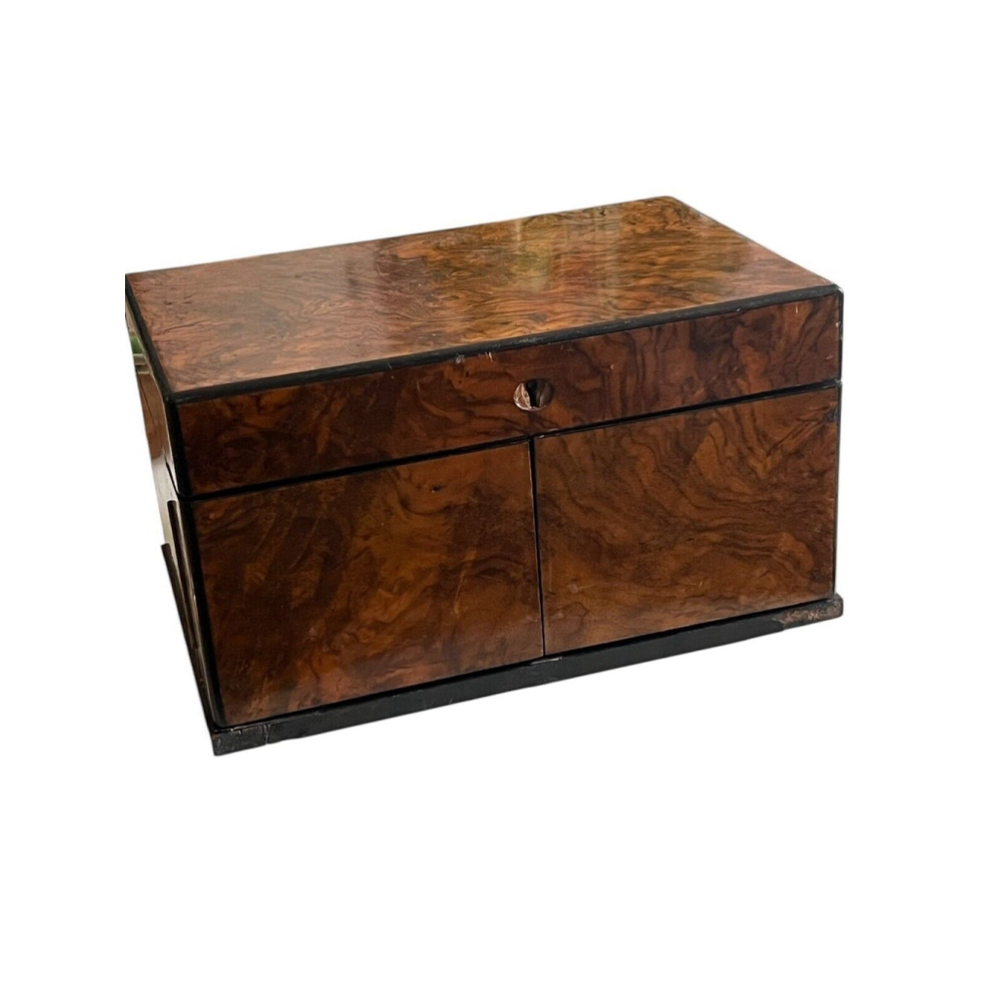 Victorian Chess Set Box Burl Walnut Wooden Box Ebony Sewing Case